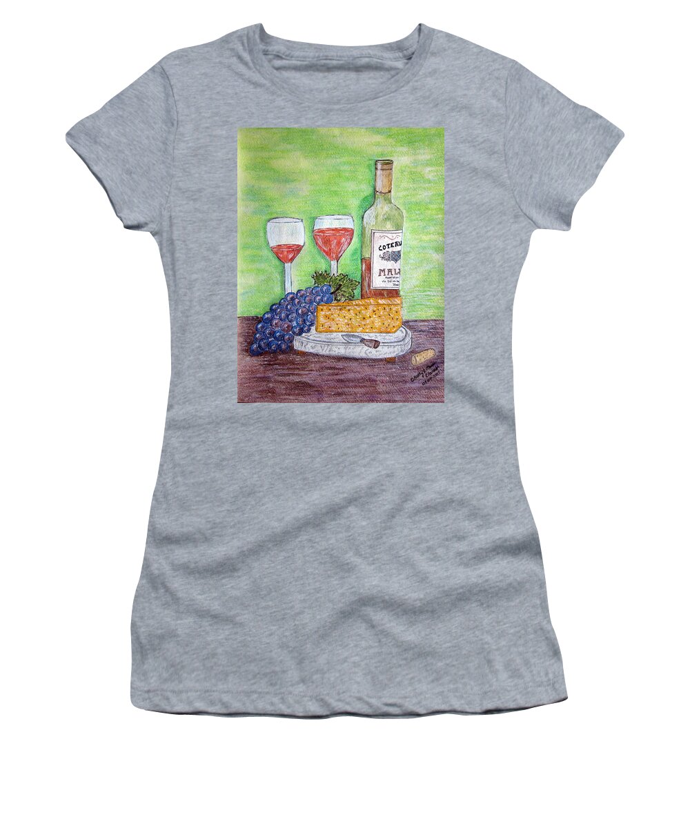 Cheese Women's T-Shirt featuring the painting Cheese Wine and Grapes by Kathy Marrs Chandler