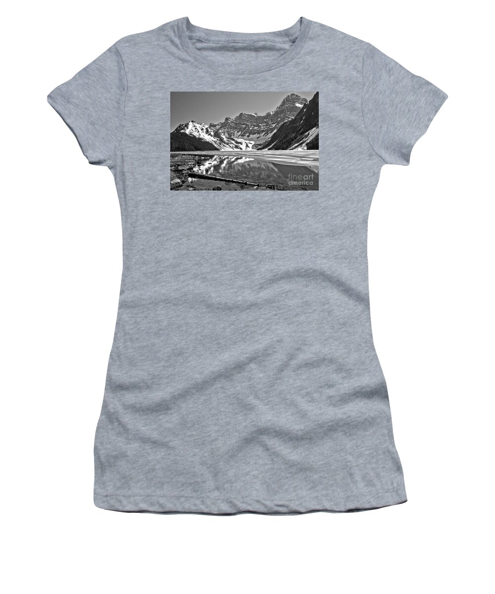 Chephren Lake Women's T-Shirt featuring the photograph Chehren Lake Reflections Black And White by Adam Jewell
