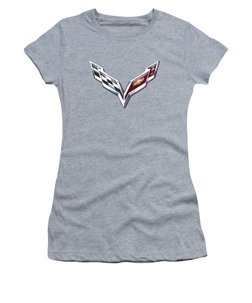 'wheels Of Fortune' Collection By Serge Averbukh Women's T-Shirt featuring the photograph Chevrolet Corvette - 3d Badge On Red by Serge Averbukh