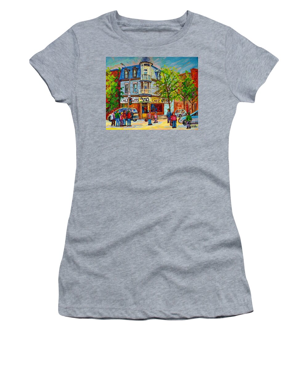 Montreal Women's T-Shirt featuring the painting Chez Vito Rue Fairmount Landmark Architecture Beautiful Summer Scene Montreal 375 Carole Spandau Art by Carole Spandau