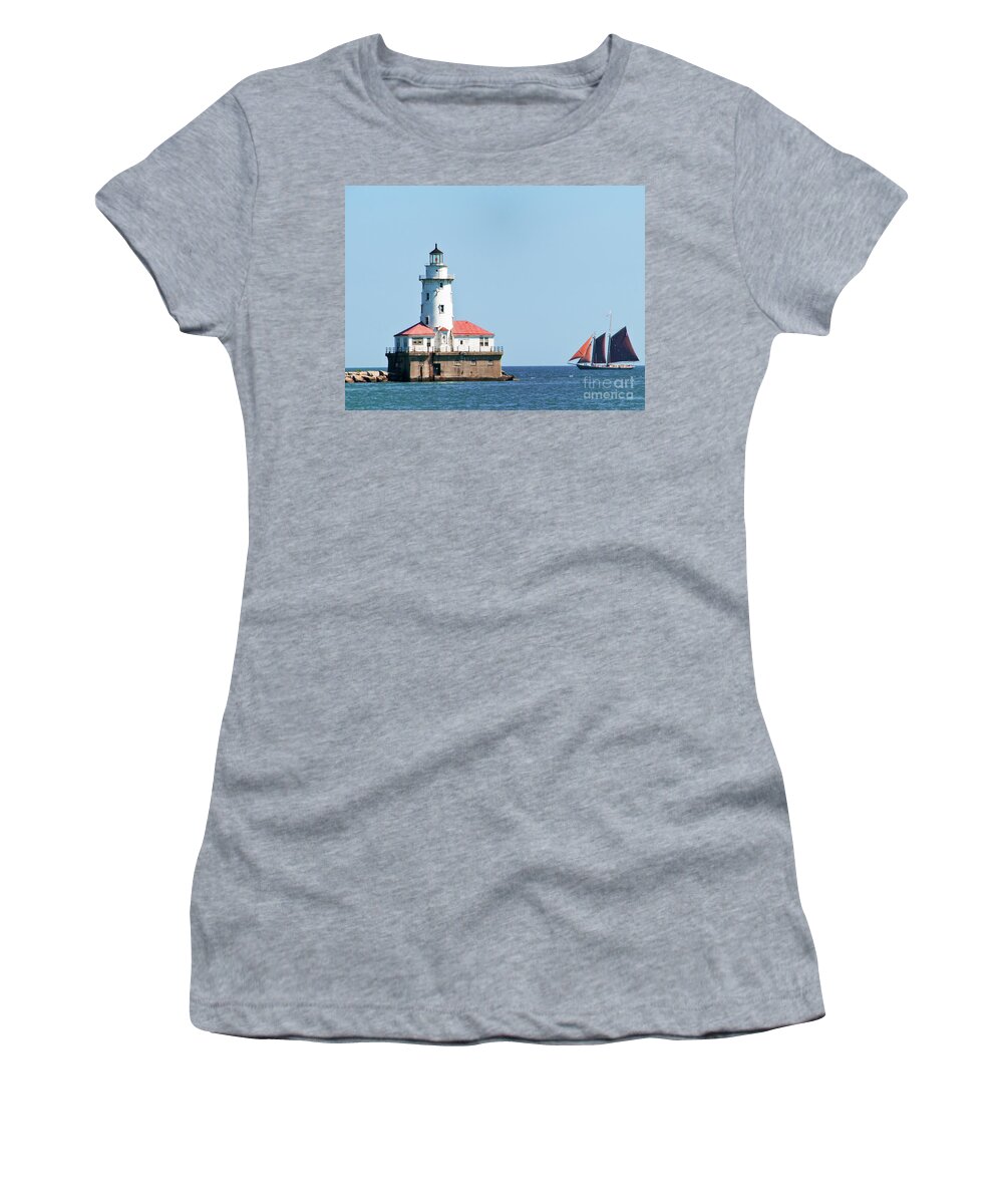 Boats Women's T-Shirt featuring the photograph Chicago Harbor Lighthouse and a Tall Ship by David Levin
