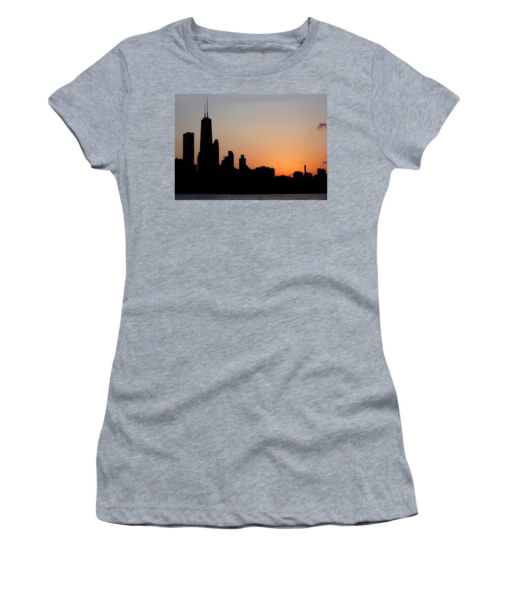 Lake Michigan Women's T-Shirt featuring the photograph Chicago Skyine at Sunset by Marilyn Hunt