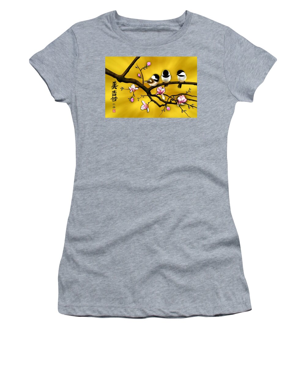 Asian Art Women's T-Shirt featuring the digital art Chickadee on blooming Magnolia branch by John Wills