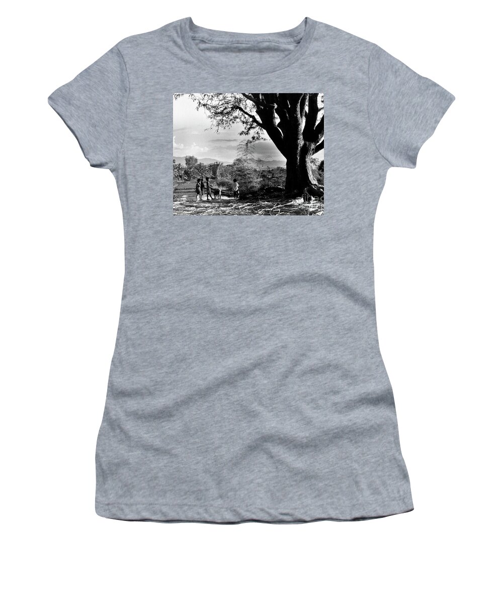 Landscape Women's T-Shirt featuring the photograph Children of Central Highland are playing with a dog by Silva Wischeropp