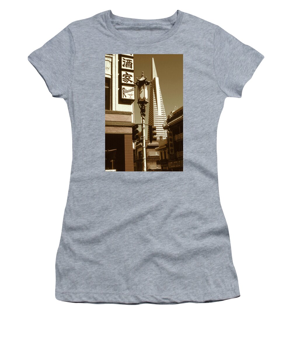 San+francisco Women's T-Shirt featuring the photograph CHINATOWN SAN FRANCISCO - Vintage Photo Art by Peter Potter
