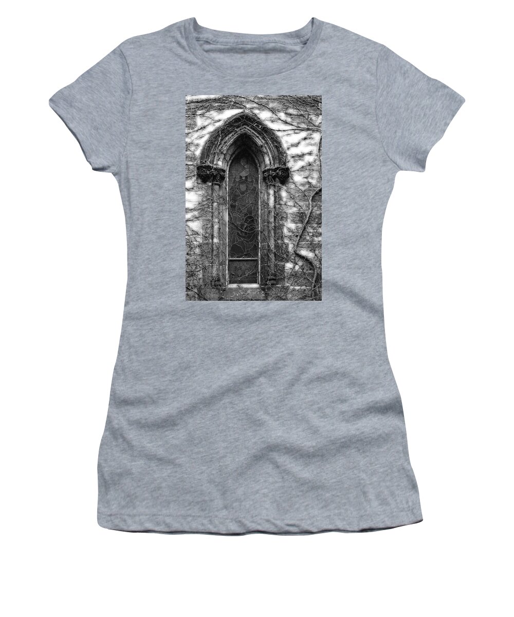 Church Women's T-Shirt featuring the photograph Church Window and Vine BW by Mike Nellums