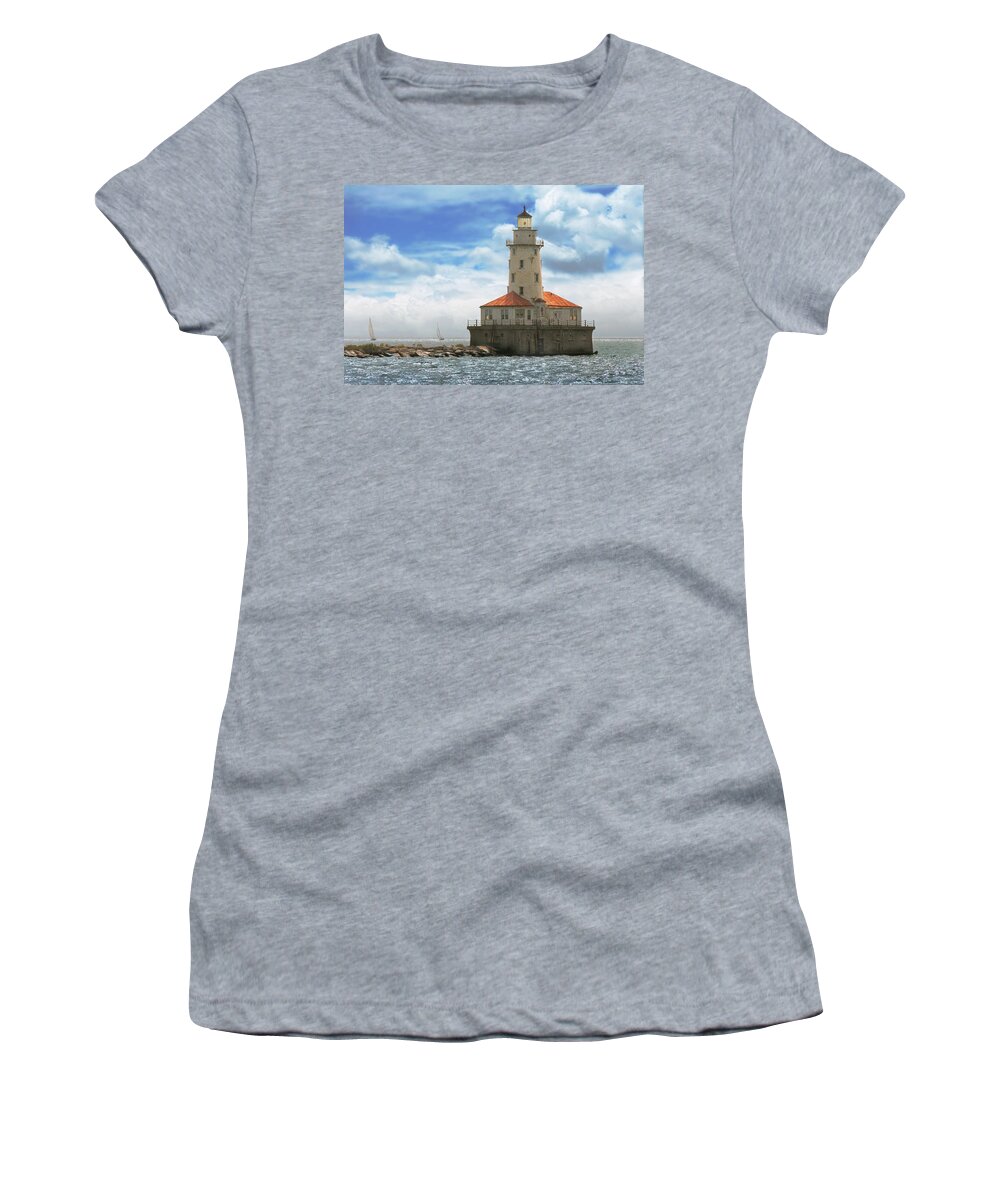 Chicago Women's T-Shirt featuring the photograph City - Chicago IL - Chicago harbor lighthouse by Mike Savad