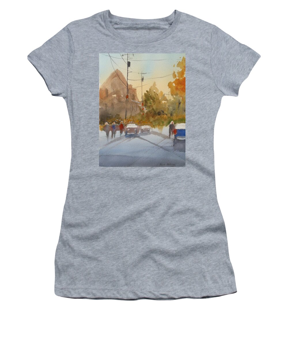 Cityscape Women's T-Shirt featuring the painting City in Autumn by Barbara Parisien