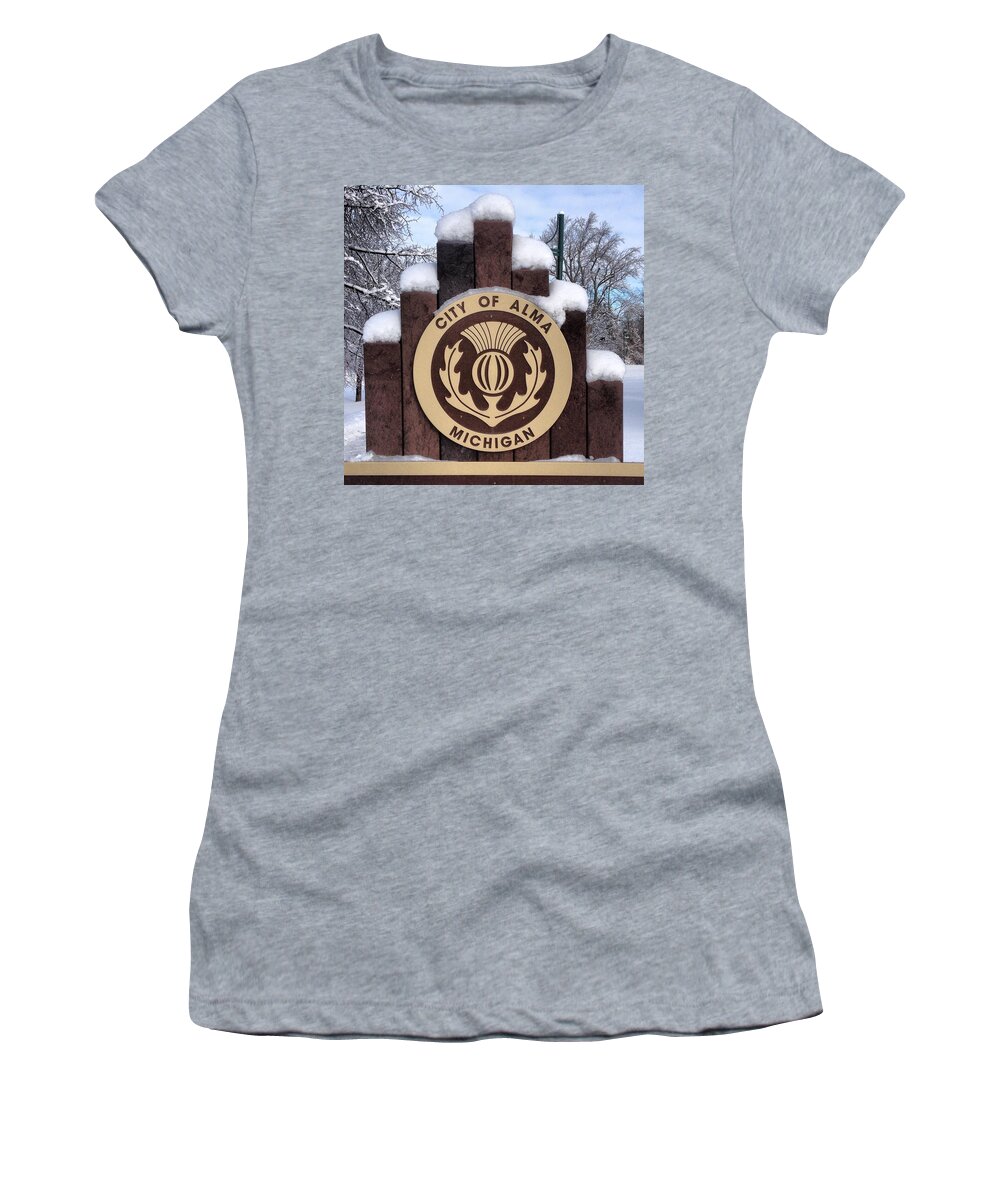 Alma Women's T-Shirt featuring the photograph City of Alma Michigan Snow by Chris Brown