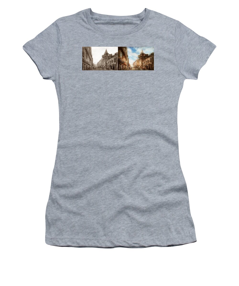 Edinburgh Women's T-Shirt featuring the photograph City - Scotland - Tolbooth operator 1865 - Side by Side by Mike Savad