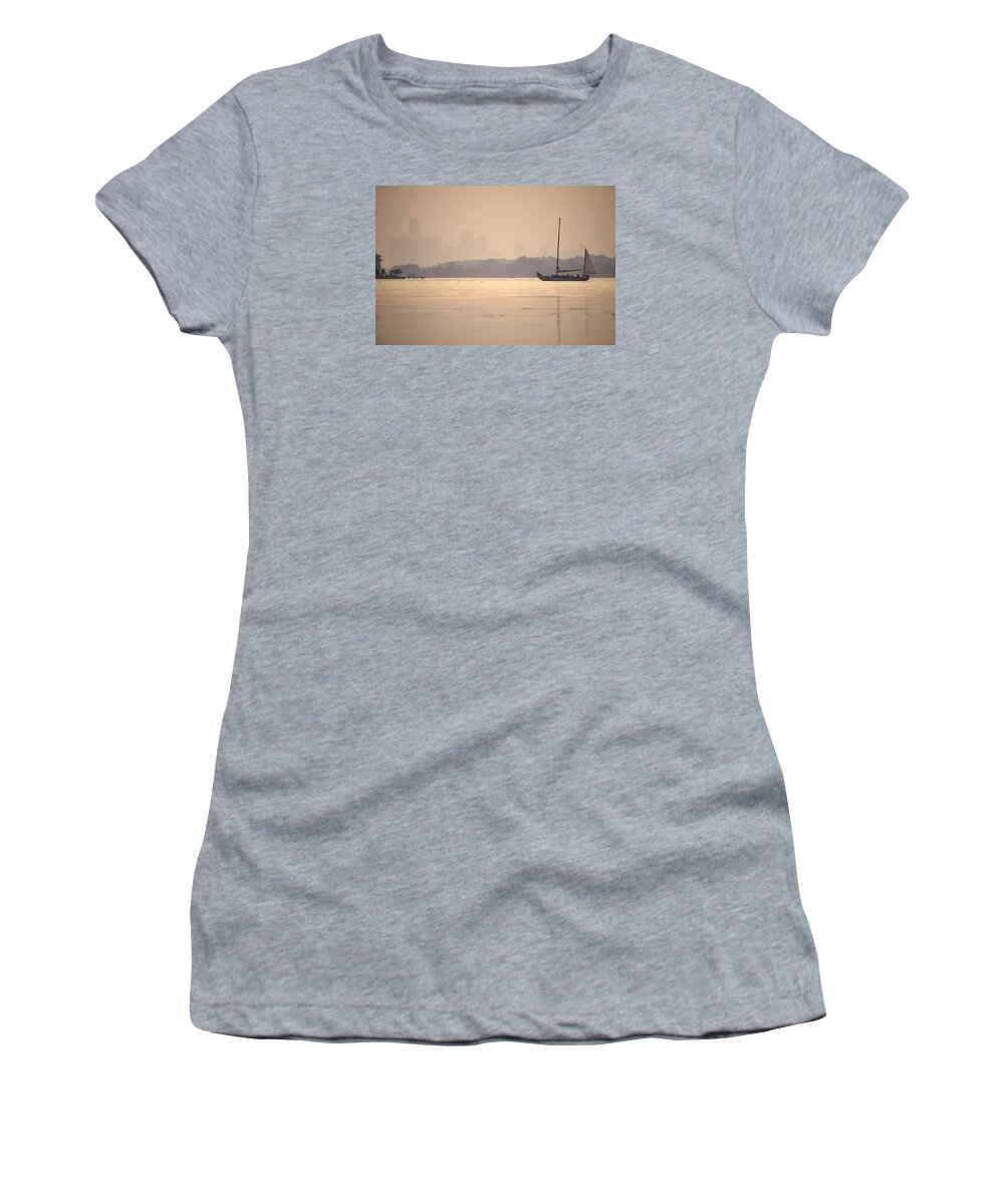 Peche Island Women's T-Shirt featuring the photograph Classic Boat Anchored in the Detrot River near Peche Island by John Harmon
