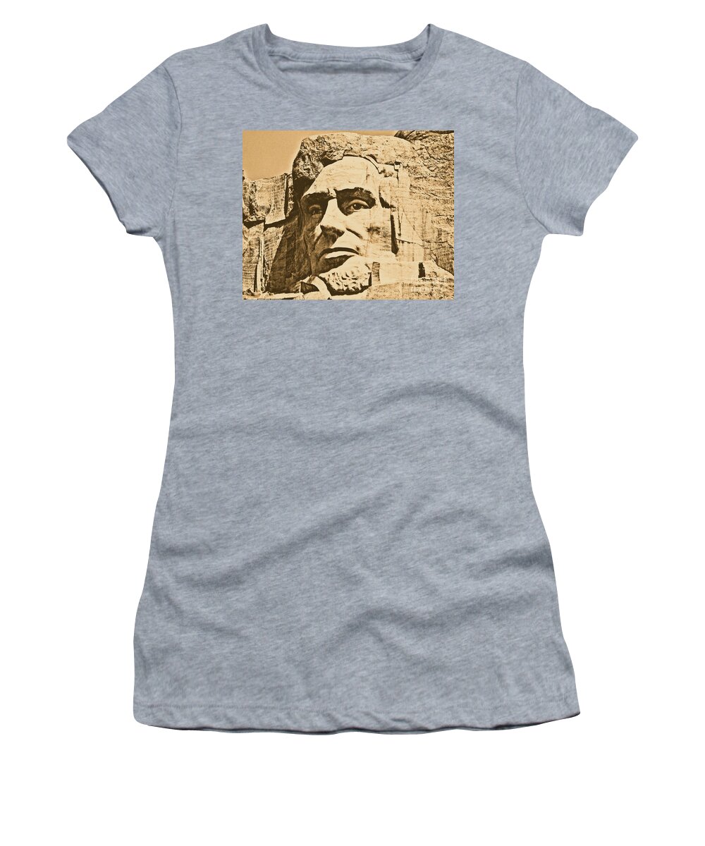 Mount Rushmore Women's T-Shirt featuring the photograph Close Up of President Abraham Lincoln on Mount Rushmore South Dakota Rustic Digital Art by Shawn O'Brien