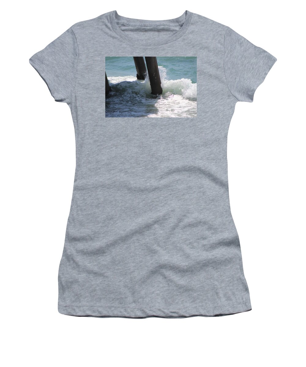 Ocean Wave Women's T-Shirt featuring the photograph Closeup of Wave Around Pier Support by Colleen Cornelius