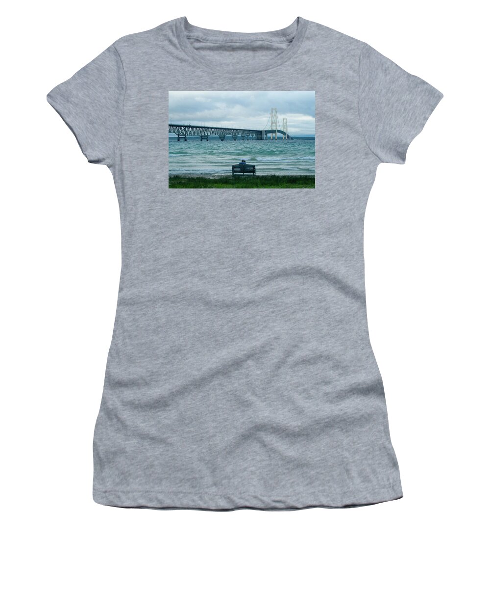 Mackinac Bridge Women's T-Shirt featuring the photograph Clouds over Mackinac Bridge by Rich S