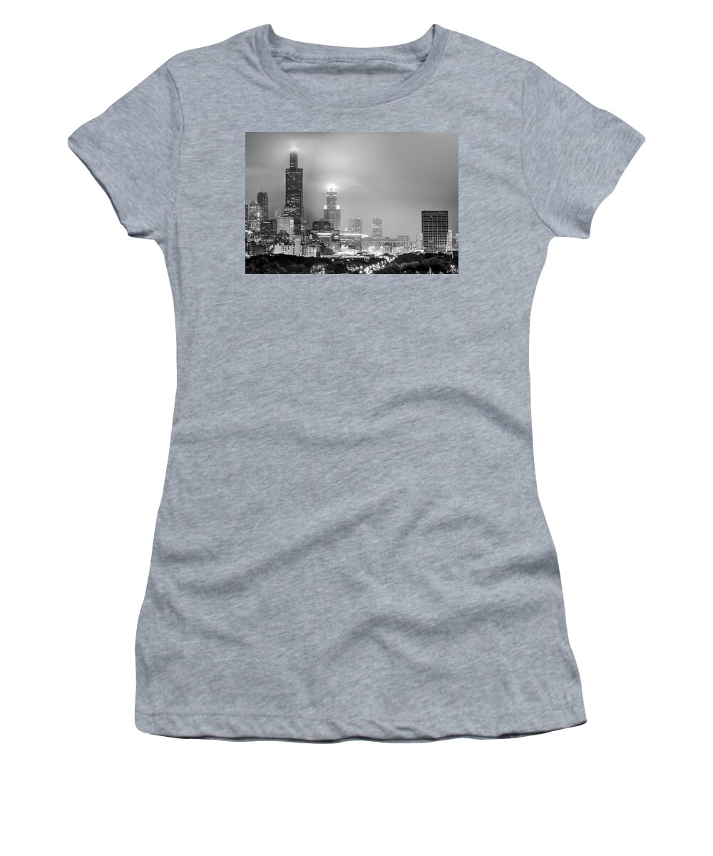 North America Women's T-Shirt featuring the photograph Cloudy Downtown Chicago Skyline in Black and White by Gregory Ballos