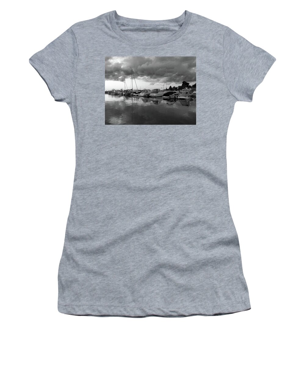 Cloudy Women's T-Shirt featuring the photograph Cloudy Marina Perspective B W by David T Wilkinson