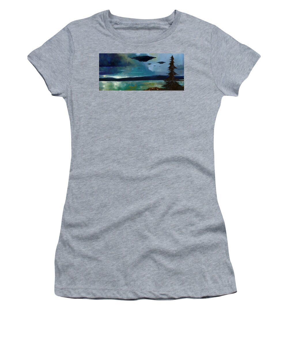 Landscape Women's T-Shirt featuring the painting Cloudy Skies by Arie Van der Wijst