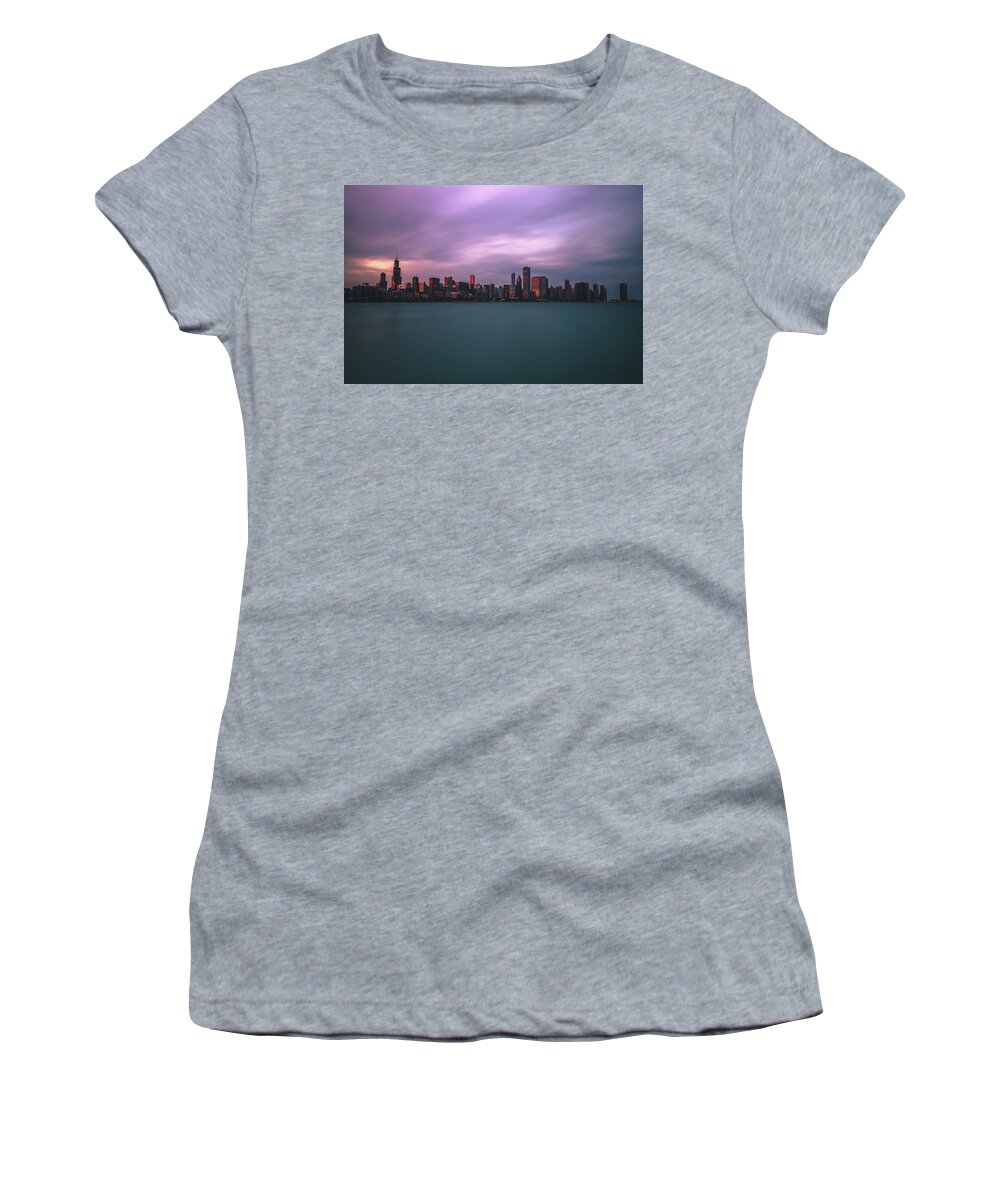 Chicago Women's T-Shirt featuring the photograph Cloudy sunset Chicago skyline by Jay Smith