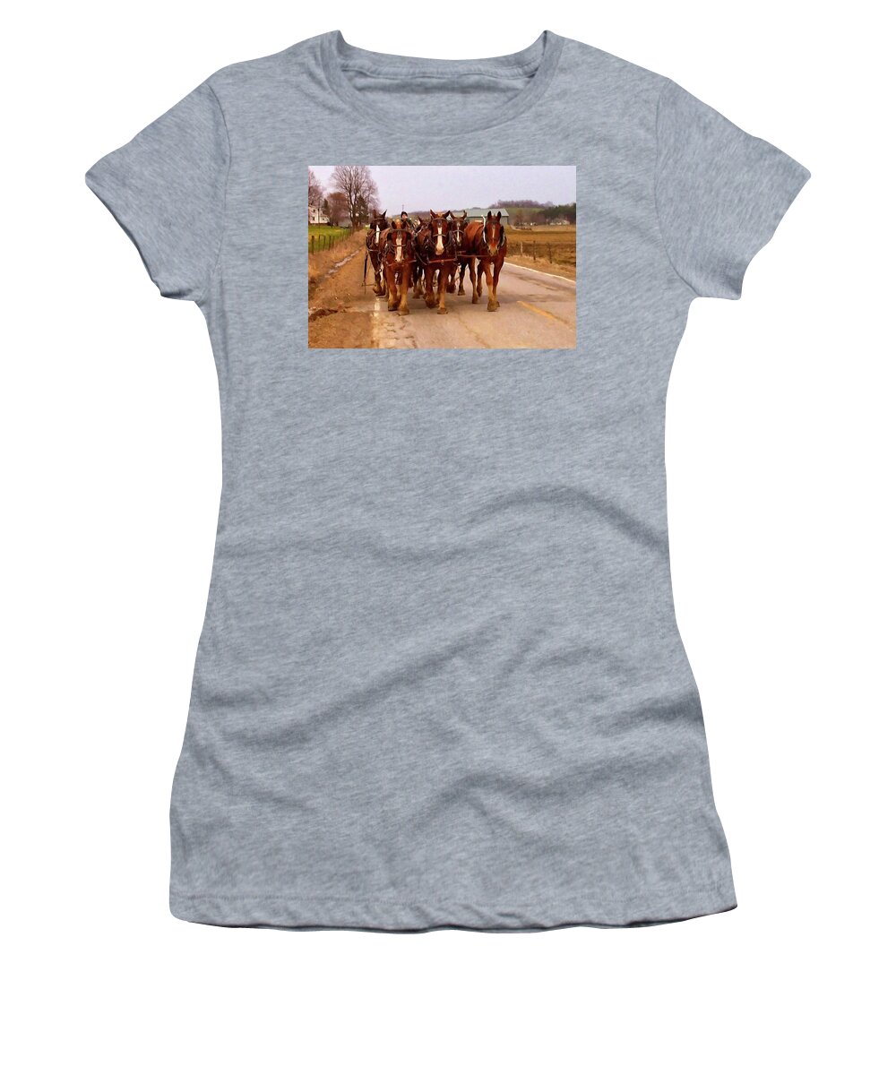 Clydesdale Horse Women's T-Shirt featuring the photograph Clydesdale Amish plow team by Flees Photos