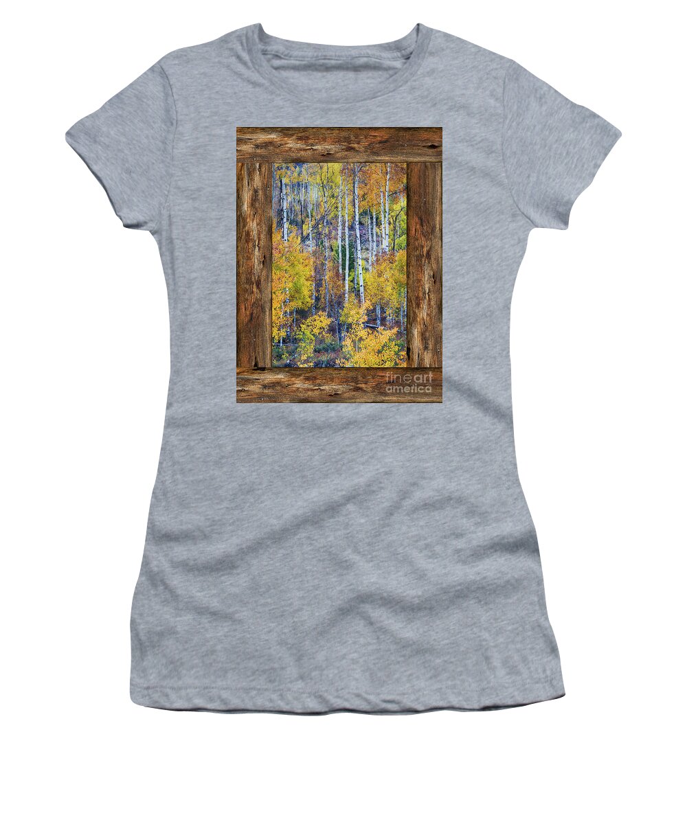 Windows Women's T-Shirt featuring the photograph Colorful Auumn Forest Rustic Cabin Window Portrait View by James BO Insogna