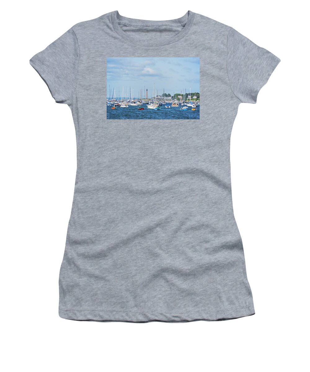 Marblehead Women's T-Shirt featuring the photograph Colorful Boats Lined in Marblehead Harbor Marblehead MA Chandler Hovey Park by Toby McGuire