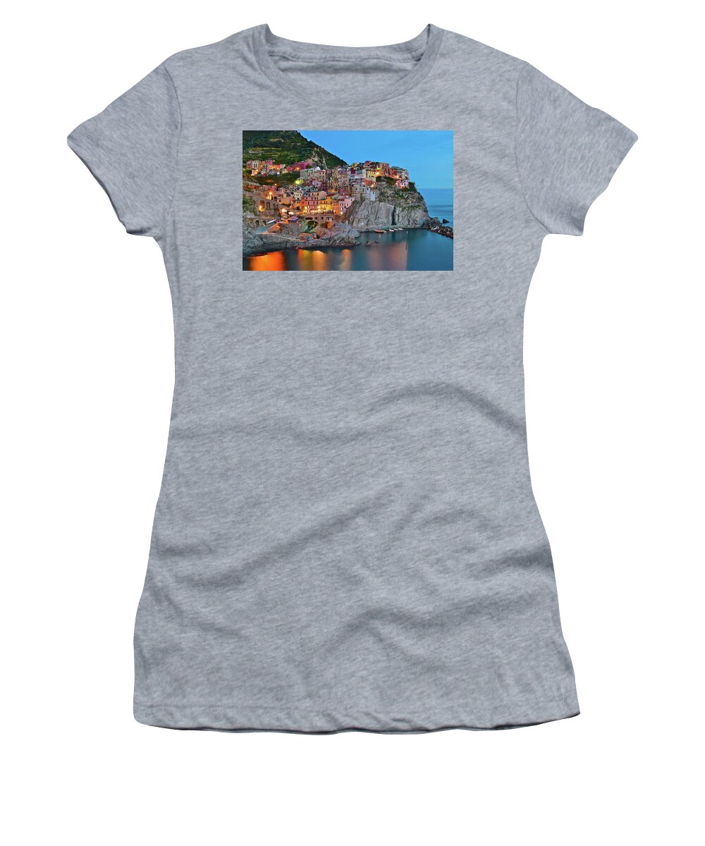 Manarola Women's T-Shirt featuring the photograph Colorful Buildings Colorful Lights by Frozen in Time Fine Art Photography