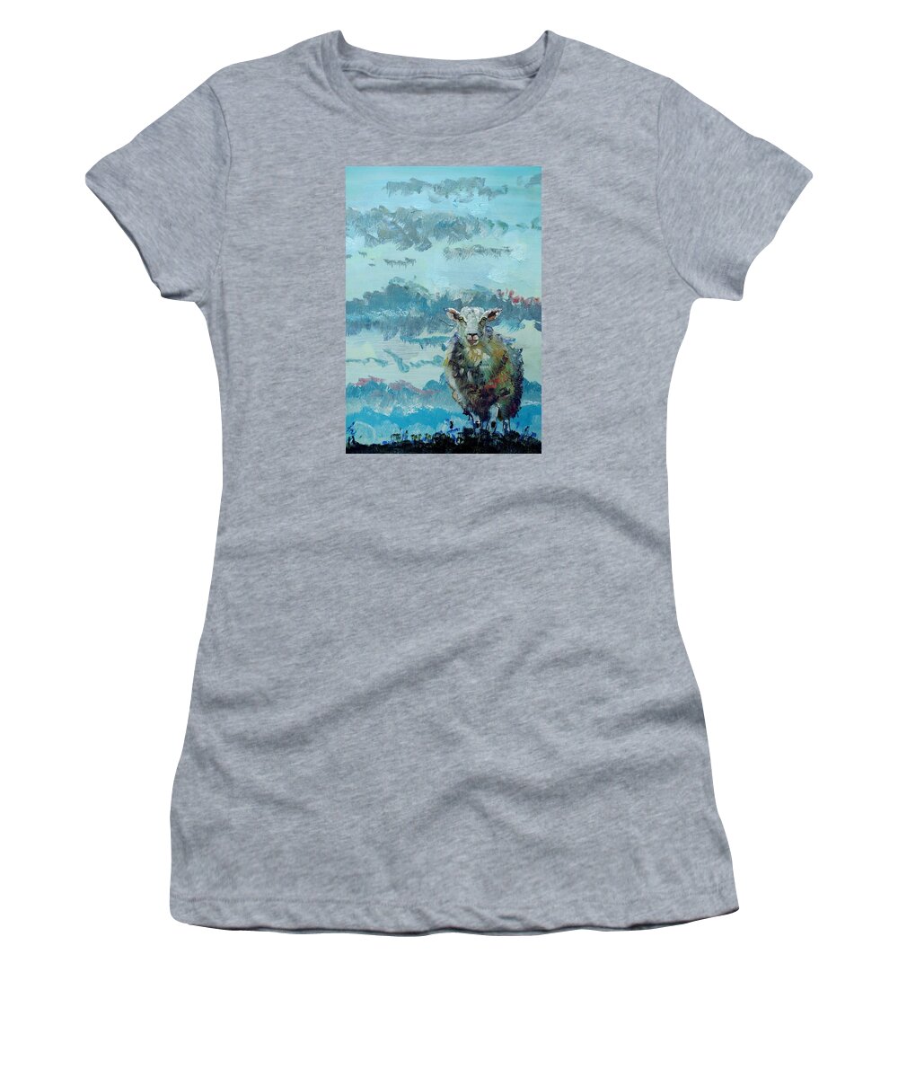 Sheep Women's T-Shirt featuring the painting Colorful Sheep Art - Out Of The Stormy Sky by Mike Jory