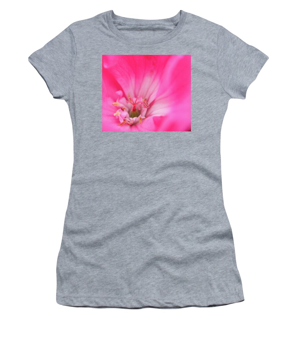  #floral #flower #stamen #macro #pink #closeup #nature #garden Women's T-Shirt featuring the photograph Come a Little Closer by Sandra Parlow