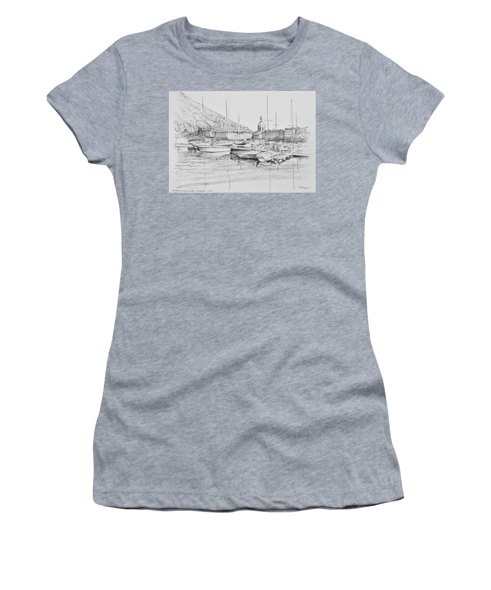 Lake Women's T-Shirt featuring the drawing Como on Lake Como Lombardy Italy by Dai Wynn