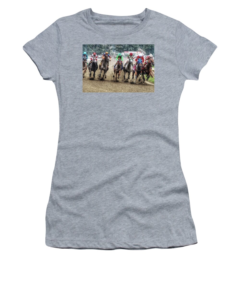 Race Horses Women's T-Shirt featuring the photograph Competition by Jeffrey PERKINS