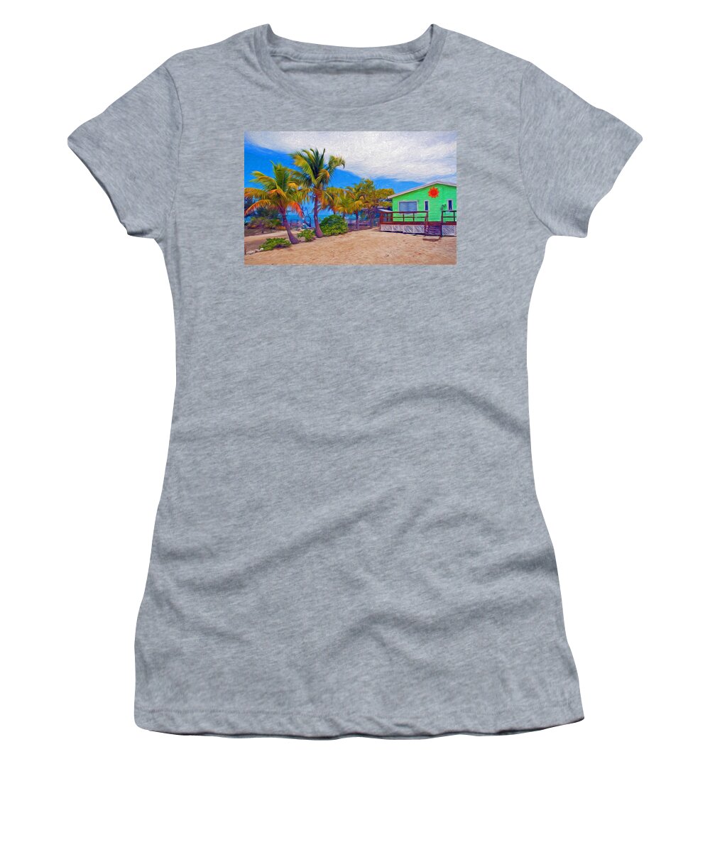 Conchkey Women's T-Shirt featuring the photograph Conch Key Green Cottage with Sun Face by Ginger Wakem
