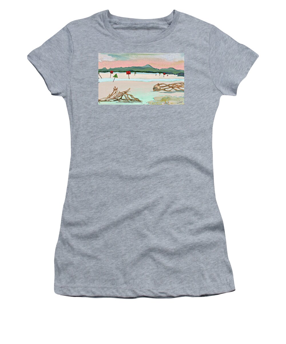 Noosa Lakes Water Landscapes Boating Subtropical Sunshine Coast Australia Women's T-Shirt featuring the painting Cootharaba Dusk by Joan Cordell