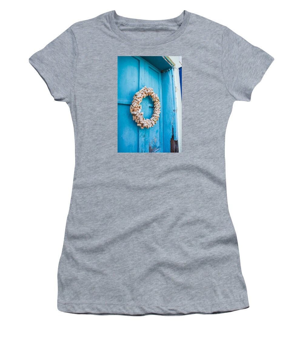 Bermuda Women's T-Shirt featuring the photograph Cork wreath on blue door in St George Bermuda by Nicole Freedman