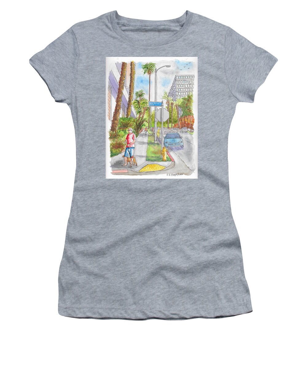 Hollywood Women's T-Shirt featuring the painting Corner of Hawthorn and Formosa in Hollywood, California by Carlos G Groppa