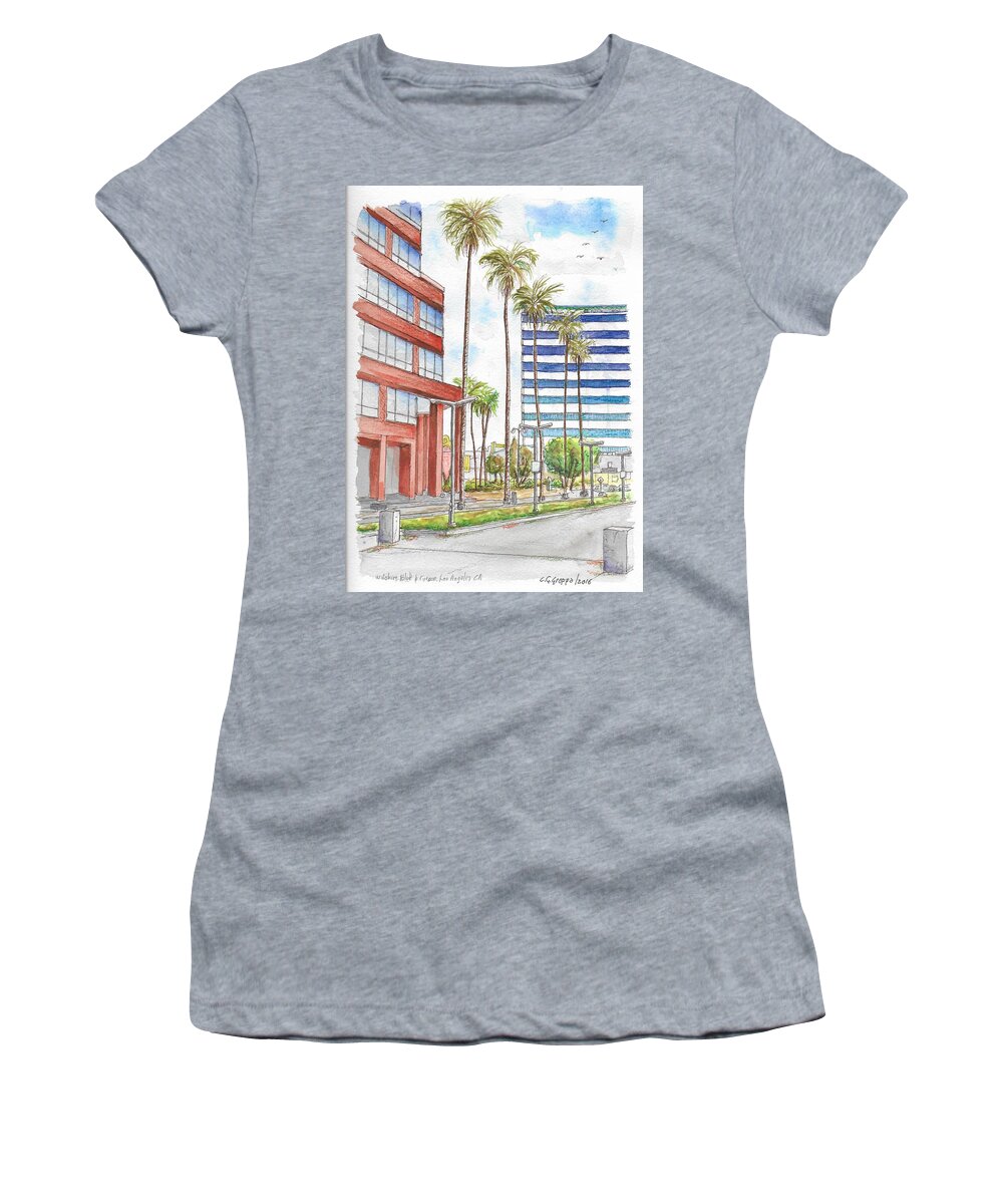 Urban Landscapes Women's T-Shirt featuring the painting Corner Wilshire Blvd. and Curson, Miracle Mile, Los Angeles, CA by Carlos G Groppa