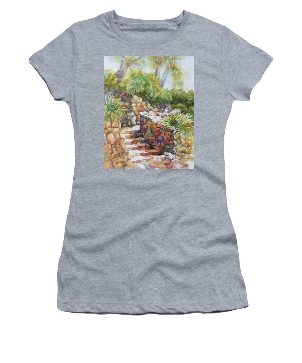 Nancy Charbeneau Women's T-Shirt featuring the painting Costa Brava Garden Path by Nancy Charbeneau