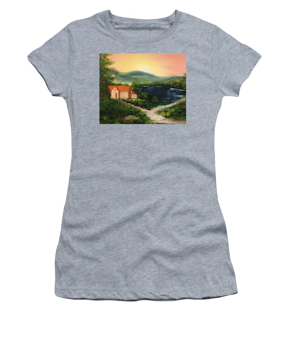 Landscape Women's T-Shirt featuring the painting Cottage by Lake by David Bartsch