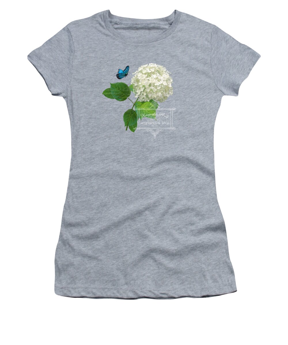 White Hydrangea Women's T-Shirt featuring the painting Cottage Garden White Hydrangea with Blue Butterfly by Audrey Jeanne Roberts