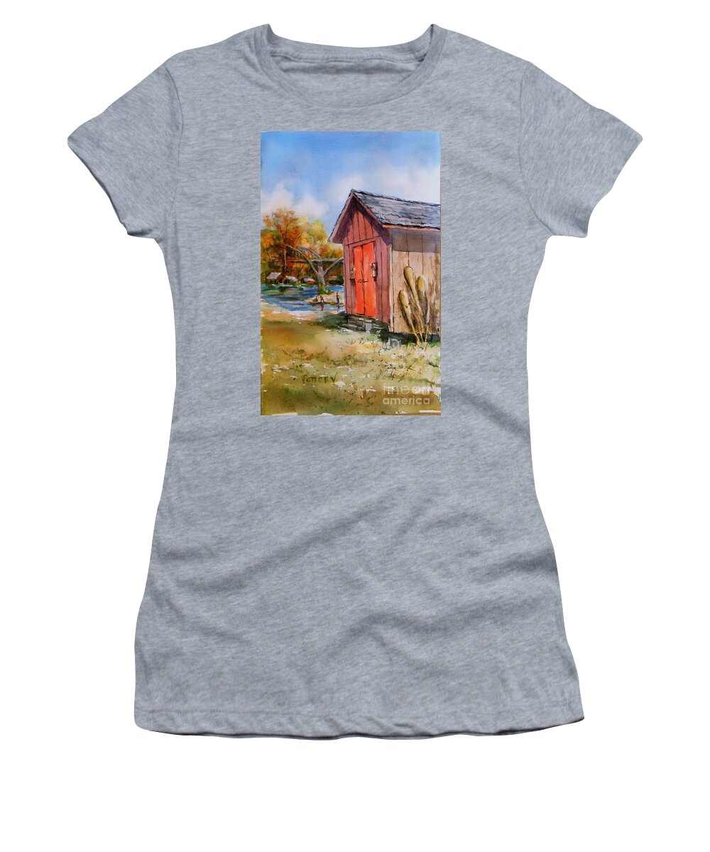 Shed Women's T-Shirt featuring the painting Cotter Shed by Virginia Potter