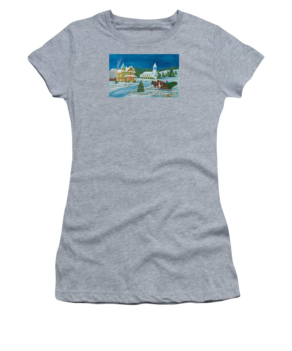 Winter Scene Paintings Women's T-Shirt featuring the painting Country Christmas by Charlotte Blanchard