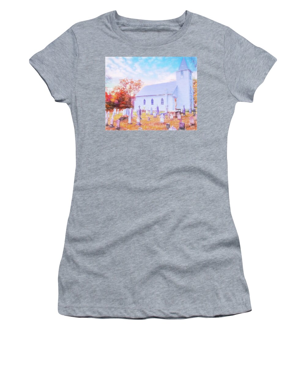 Fall Women's T-Shirt featuring the digital art Country white church and old cemetery. by Rusty R Smith