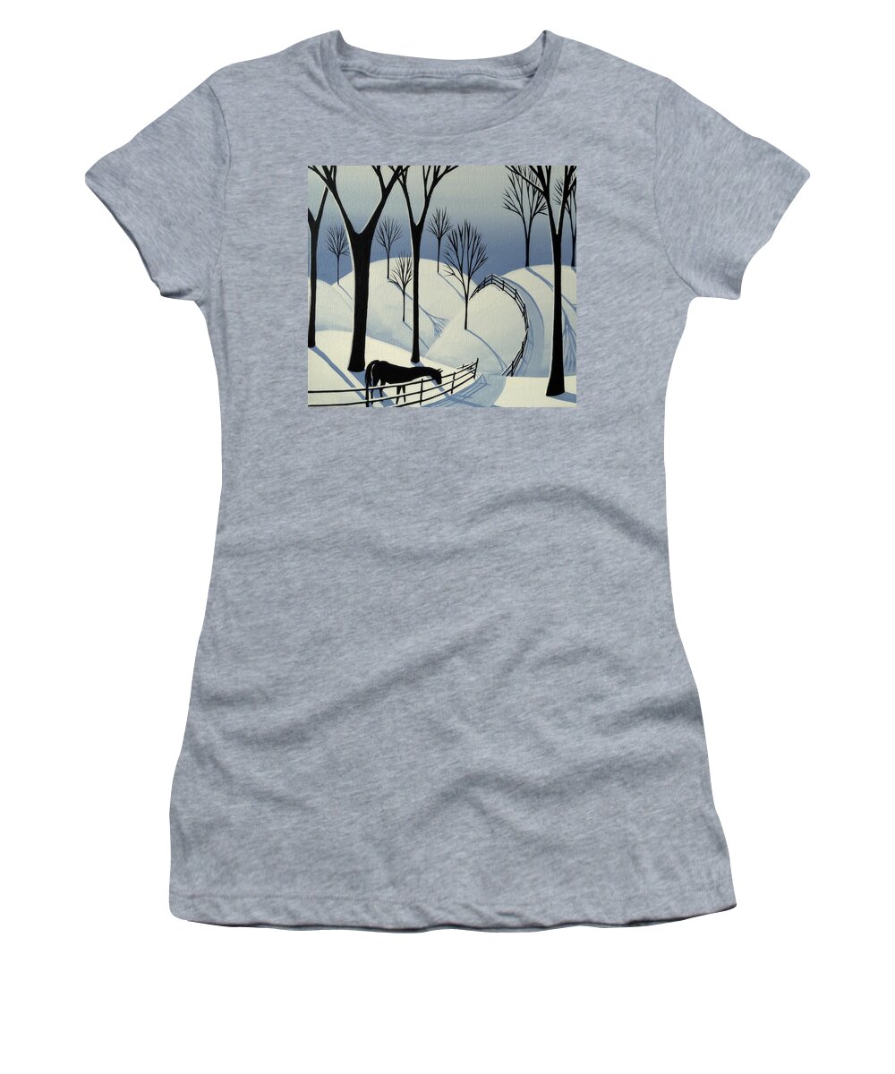 Folk Art Women's T-Shirt featuring the painting Country Winter Road - horse snow folk art by Debbie Criswell