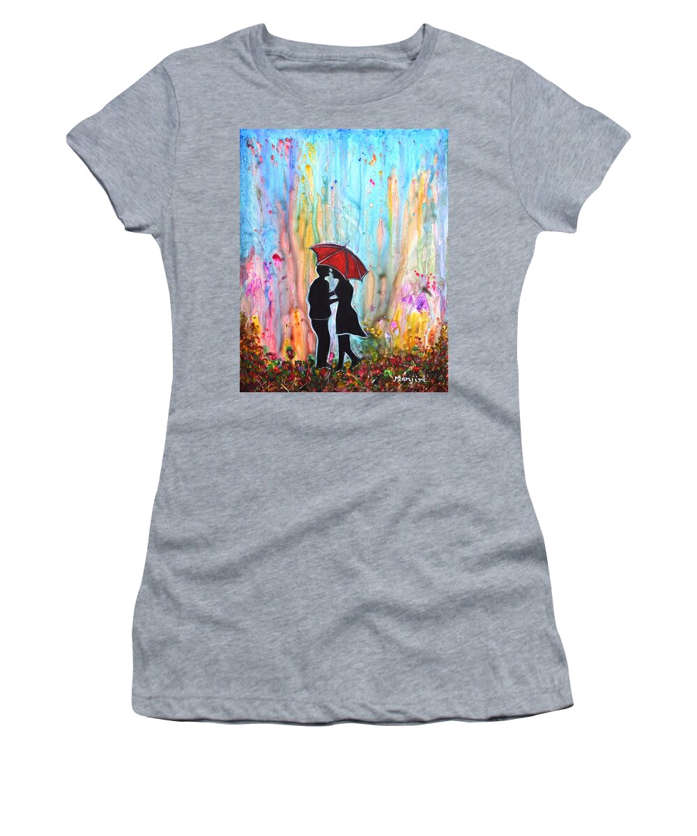 Valentinegift Women's T-Shirt featuring the painting Couple on a Rainy Date romantic painting for valentine by Manjiri Kanvinde