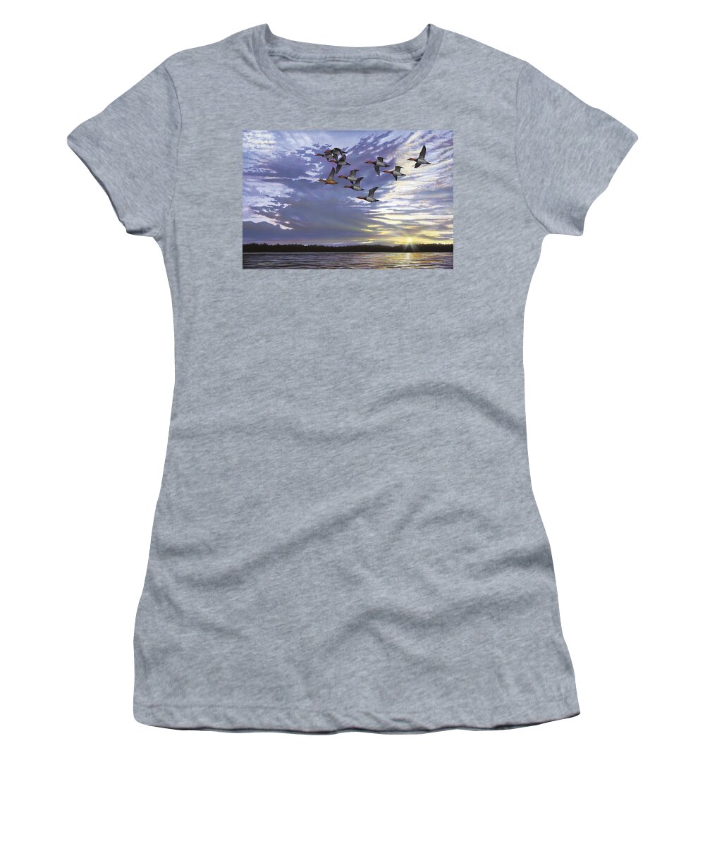 Cavasback Women's T-Shirt featuring the painting Courtship Flight by Anthony J Padgett