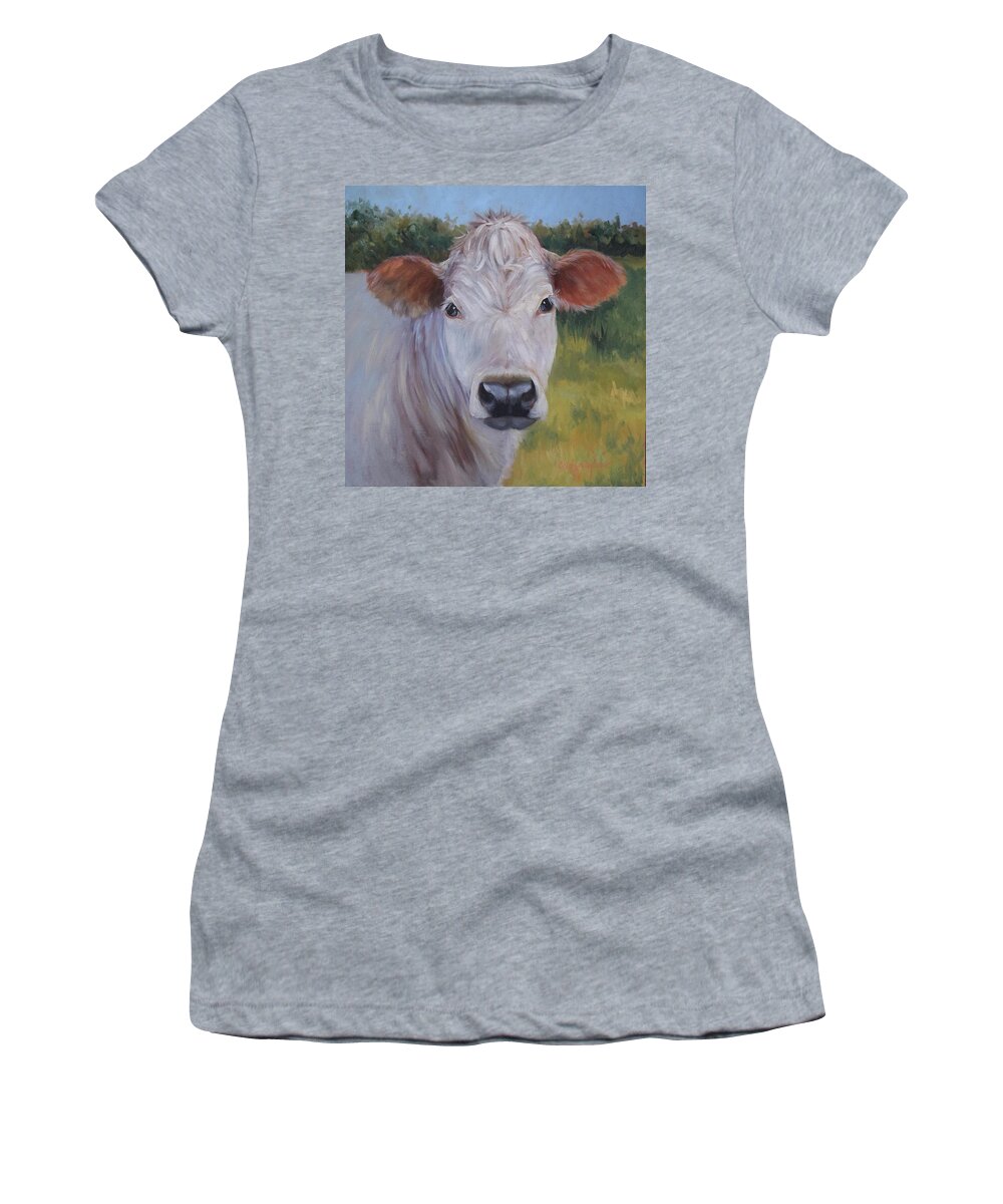 Animal Women's T-Shirt featuring the painting Cow Painting Ms Ivory by Cheri Wollenberg