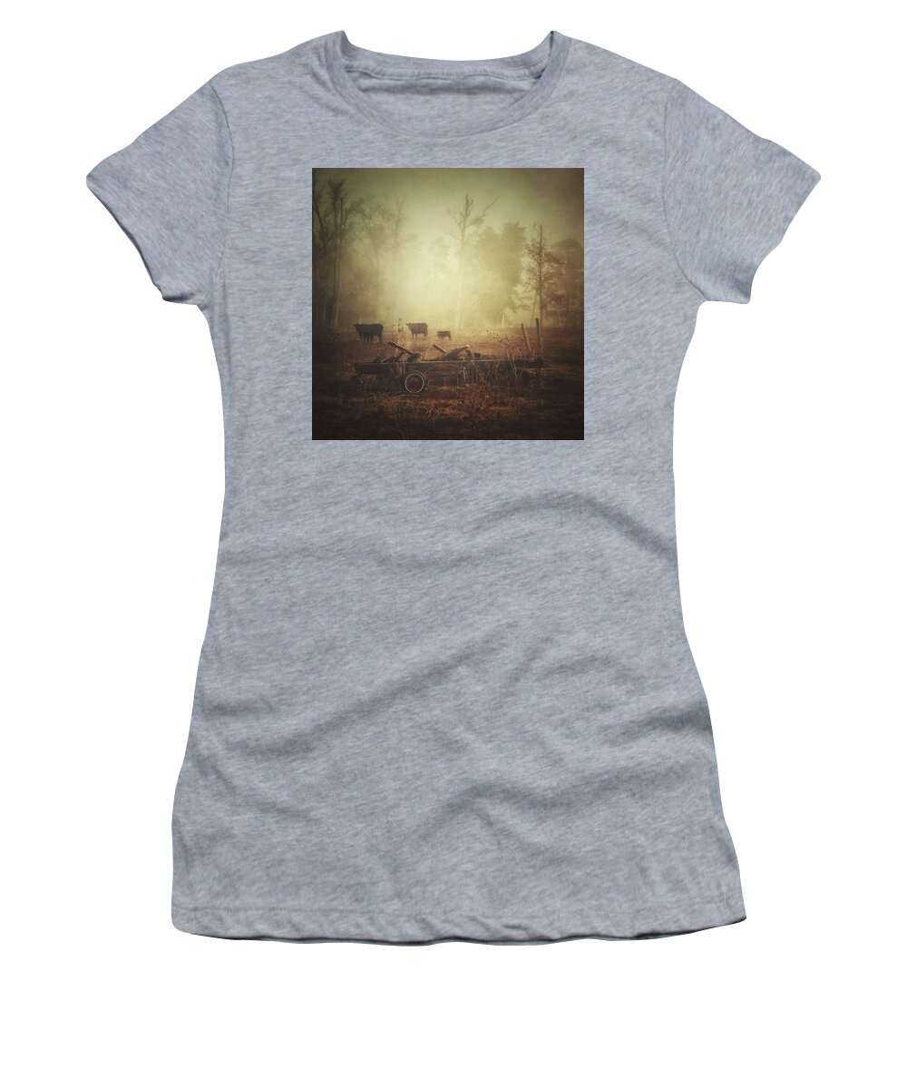 Photography Women's T-Shirt featuring the photograph Cows, Wagon, Fog by Melissa D Johnston