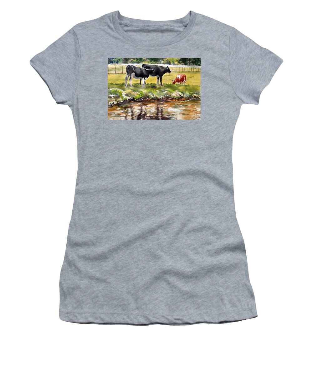 Cows Women's T-Shirt featuring the painting Cows Water Valley by Martha Tisdale
