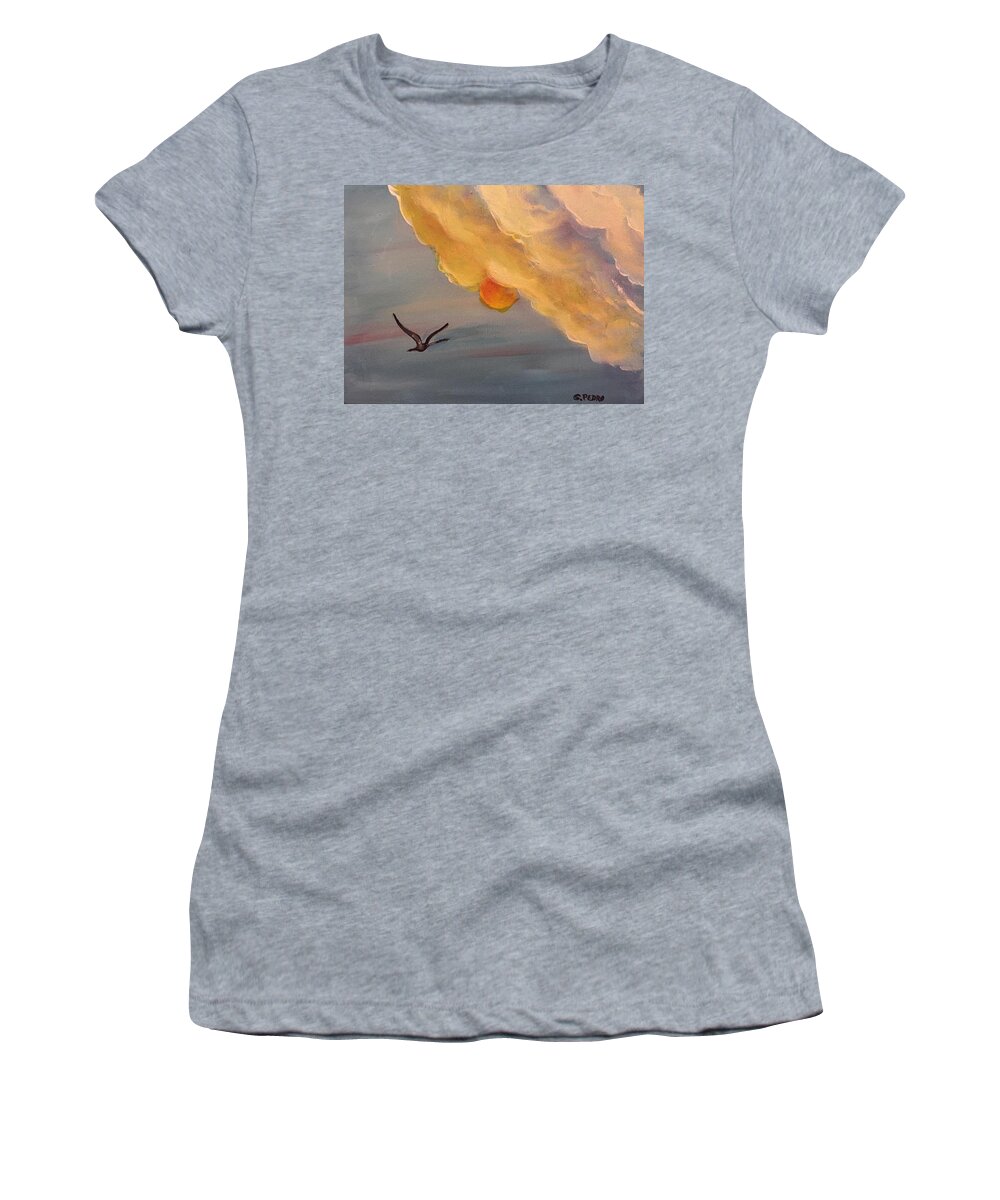 Crane Women's T-Shirt featuring the painting Crane in Flight during a Florida Sunset by George Pedro