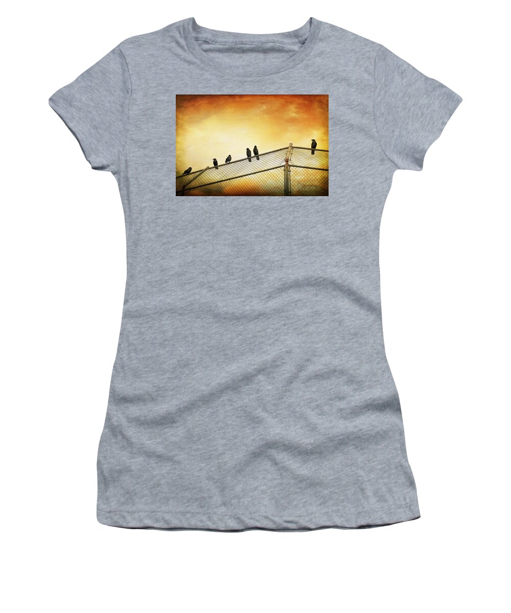Theresa Tahara Women's T-Shirt featuring the photograph Crows On The Backstop by Theresa Tahara