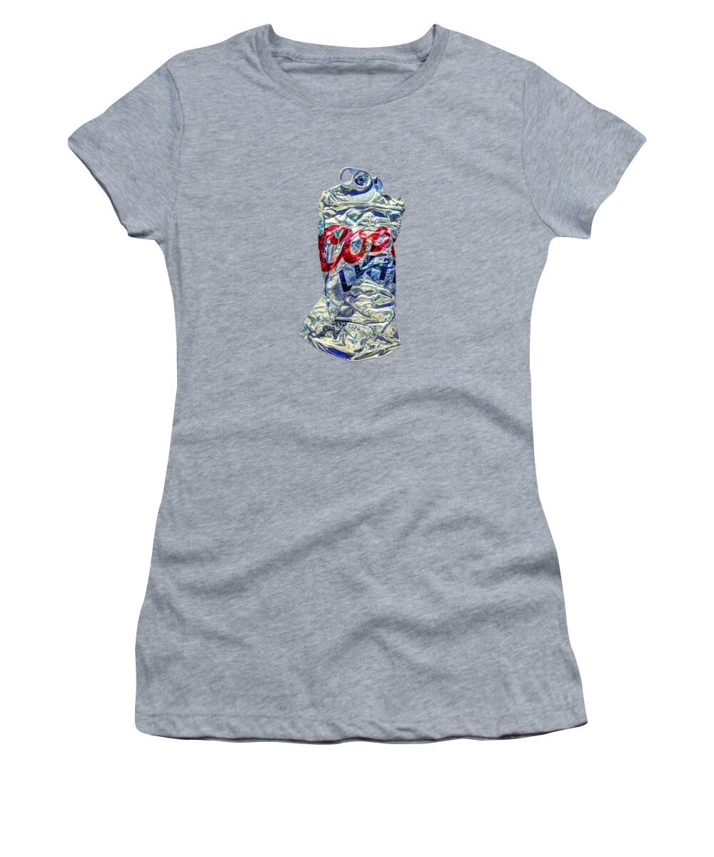 Can Women's T-Shirt featuring the photograph Crushed Silver Light Beer Can on Plywood 80 by YoPedro